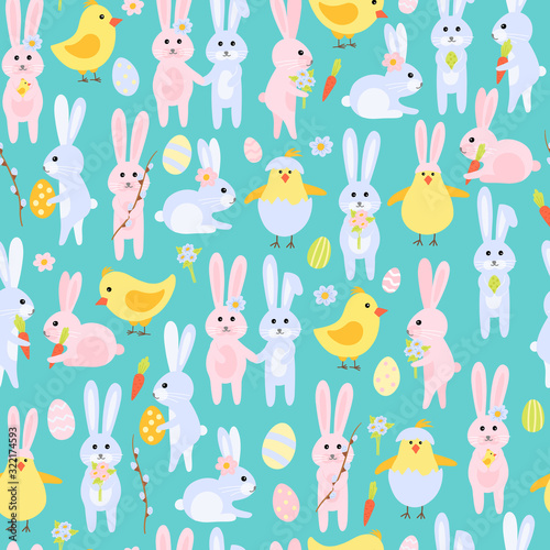 seamless Easter pattern of rabbits and chickens with carrots, eggs, flowers. Vector cute characters in the style of hand-drawn flat pastel colors. suitable for decoration, packaging paper, textile