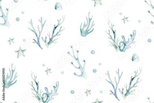 Photography Sea animals blue watercolor ocean seamless pettern fish, turtle, whale and coral