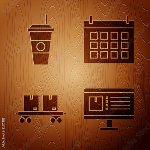Set Computer monitor with app delivery tracking , Coffee cup , Railway carriage and Calendar on wooden background. Vector