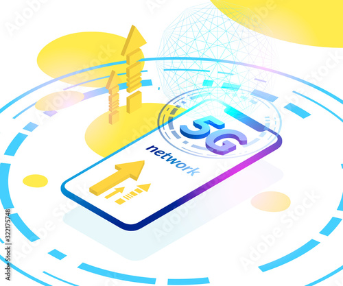 5g communication concept with isometric phone, connection lined sphere. 5g technology network illustration concept.