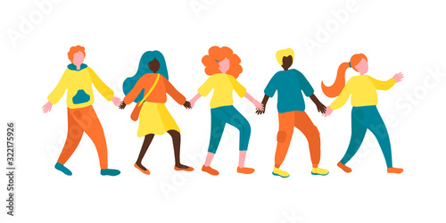 a group of young people walking and holding hands. vector flat illustration in bright colors. concept for team building, friendship. Students and pupils