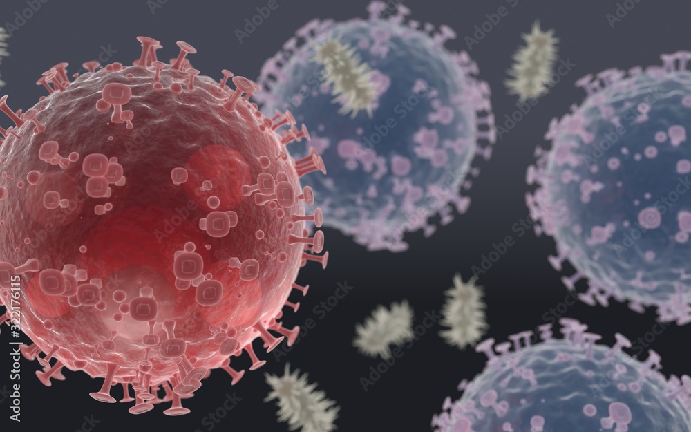 Coronavirus Infection inside human body. Respiratory disease is spreading. Chinese epidemic, infected cells under microscope. 3d illustration. Vaccinations to reduce mortality. Ncov corona virus