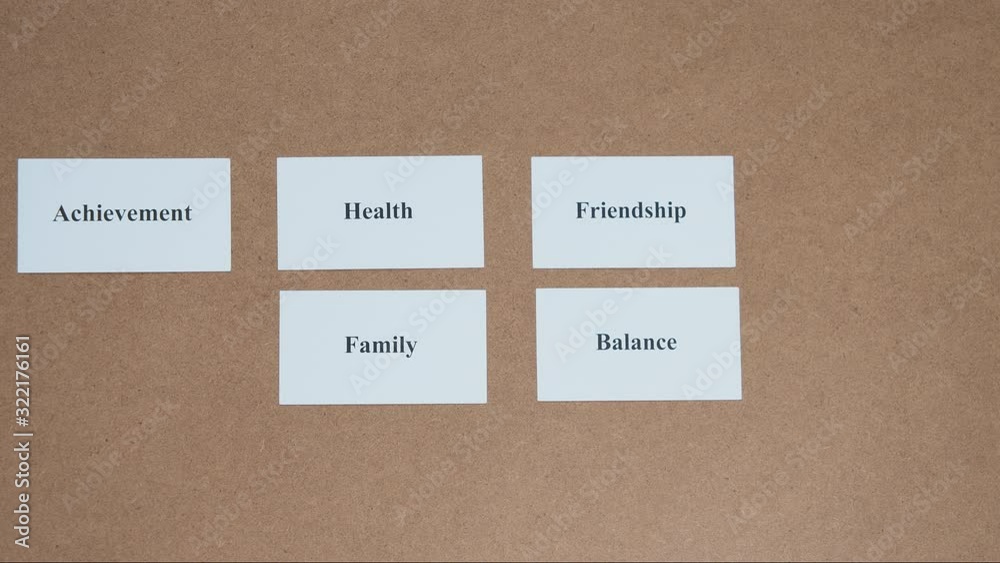 CORE VALUE stop motion. Paper cards with the inscriptions disappear one by one. CORE VALUE stop motion. Paper cards with the inscriptions disappear one by one.