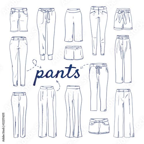 Doodle set of Pants Collection – Shorts, Formal, Culottes, Skinny, Flare, Bootcut, Wide Leg, Jogger, StraightPalazzo, Leggings, Ribcage, Distressed, Tapered, Trousers, hand-drawn. Vector sketch illus