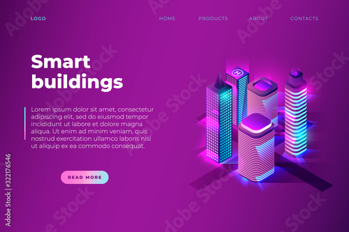 Smart Buildings website page template with isometric neon night buildings