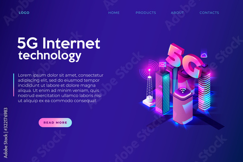 5g Internet technology modern neon styled illustration, night city with 5g network connection banner concept