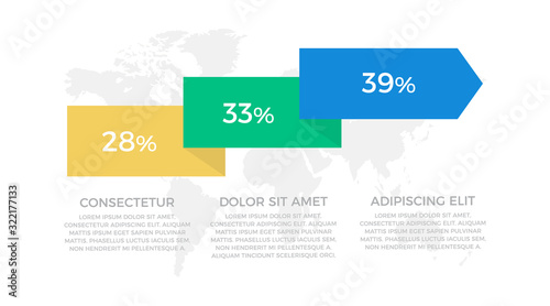 Set of yellow, green and blue elements for infographic with world map presentation slides.