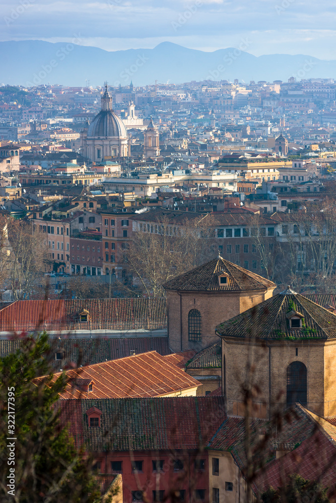 Views across Rome city from Gianicolo or Janiculum Hill, Trastevere, Rome, Italy.