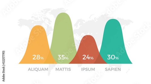 Set of orange, green, turquoise and red elements for infographic with world map presentation slides.