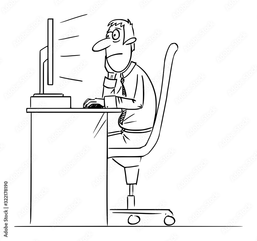 Obraz premium Vector funny comic cartoon drawing of bored man, office worker or businessman working on computer.