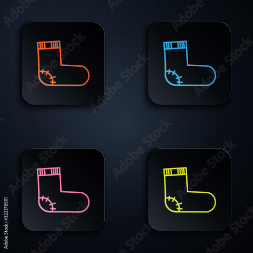 Color neon line Baby socks clothes icon isolated on black background. Set icons in square buttons. Vector Illustration