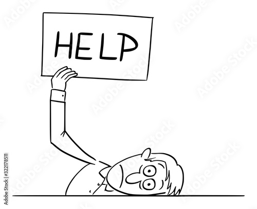 Vector funny comic cartoon drawing of sick, depressed or frustrated or stressed man or businessman lying on table and holding help sign. Concept of stress and burnout.