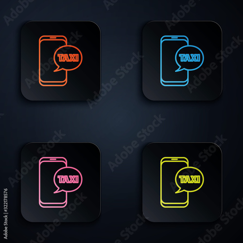 Color neon line Taxi call telephone service icon isolated on black background. Taxi for smartphone. Set icons in square buttons. Vector Illustration