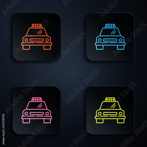 Color neon line Taxi car icon isolated on black background. Set icons in square buttons. Vector Illustration
