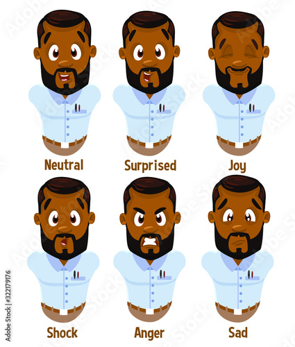 Different moods of bearded afro american young man in blue shirt: neutral, surprised, joy, shock, anger, sad. Set of male emotions for animation. Cartoon illustration isolated on white background.