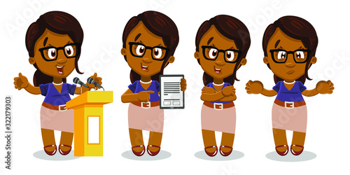 Set with afro-american lady politician or teacher in different situations. African woman in glasses speaking from rostrum, keeping clipboard with info, making helpless gesture, crossing arms on breast