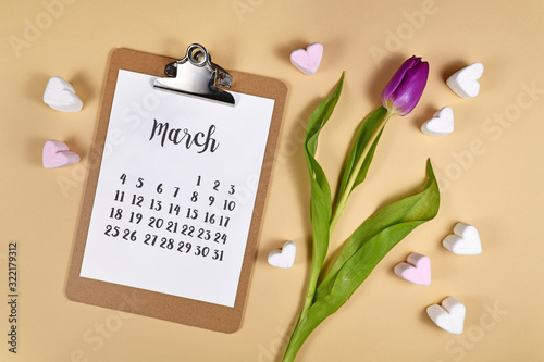 March month concept with clipboard with calendar sheet, purple tulip spring flower and marshmallow hearst on cream colored background, flat lay photo