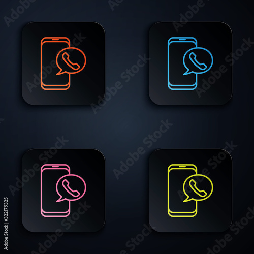 Color neon line Taxi call telephone service icon isolated on black background. Taxi for smartphone. Set icons in square buttons. Vector Illustration