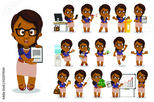 Big set with afro-american young woman in glasses working at office. African elegant business lady keeping lots of money, reporting, speaking, drinking, jumping for joy, is upset. Cartoon vector.