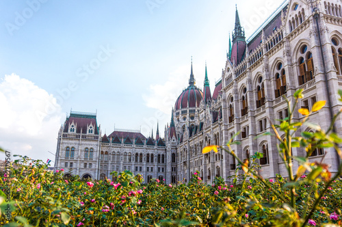 Budapest / Hungary - August 29 2019:Hungarian Parliament building in the city of Budapest. A sample of neo-gothic architecture, Budapest's tourist attraction