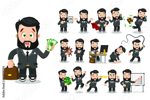 Big set with bearded businessman in grey formal suit in different situations. Manager, salesman,, company owner, banker, leader working, reporting, running, using tablet. Vector cartoon collection.