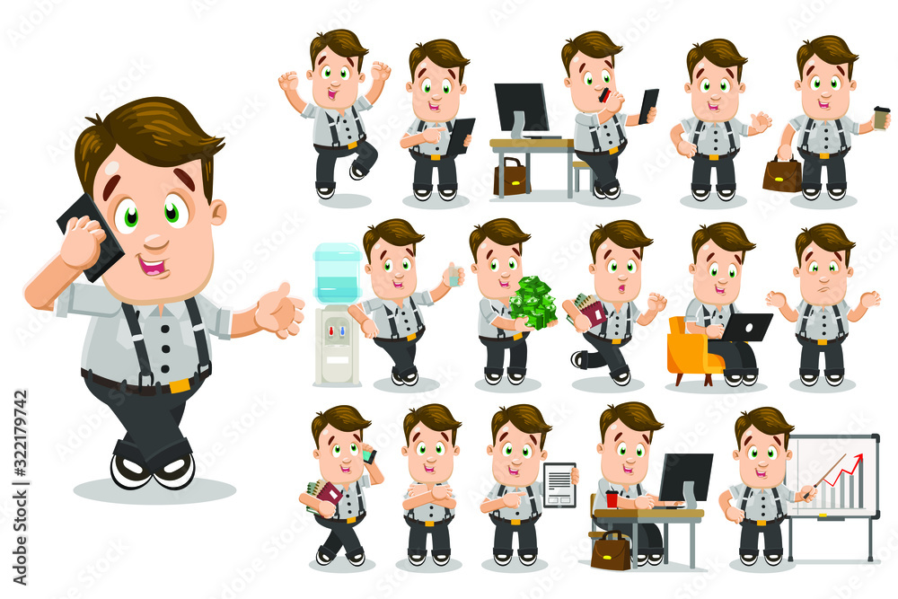Big set with brunet manager, salesman, lawyer in different situations. Office worker, man keeps lots of money, sits at computer desk, drinks coffee or water, speaks, works. Cartoon vector collection Big set with brunet manager, salesman, lawyer in different situations. Office worker, man keeps lots of money, sits at computer desk, drinks coffee or water, speaks, works. Cartoon vector collection