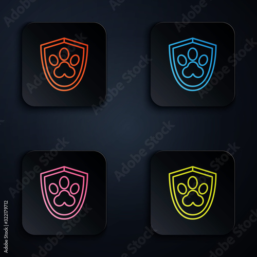 Color neon line Animal health insurance icon isolated on black background. Pet protection icon. Dog or cat paw print. Set icons in square buttons. Vector Illustration