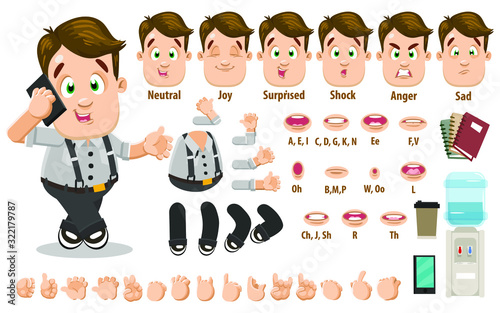 Cartoon businessman constructor for animation. Parts of body: legs, arms, face emotions, hands gestures, lips sync. Full length, front, three quater view. Set of ready to use poses, objects.