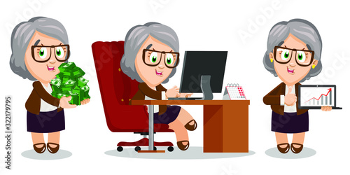 Senior silver haired woman passionating about her office work. Aged spectacled lady keeping lots of money, sitting at computer desk, holding laptop with diagram and showing thumb up. Cartoon set.