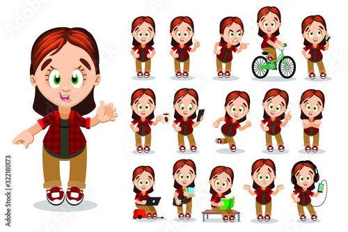 Big set with redheaded teenager, student in checkered shirt and trousers. Tomboyish girl riding bicycle, speaking by phone, reading book, learning, running, using laptop. Cartoon vector on white.
