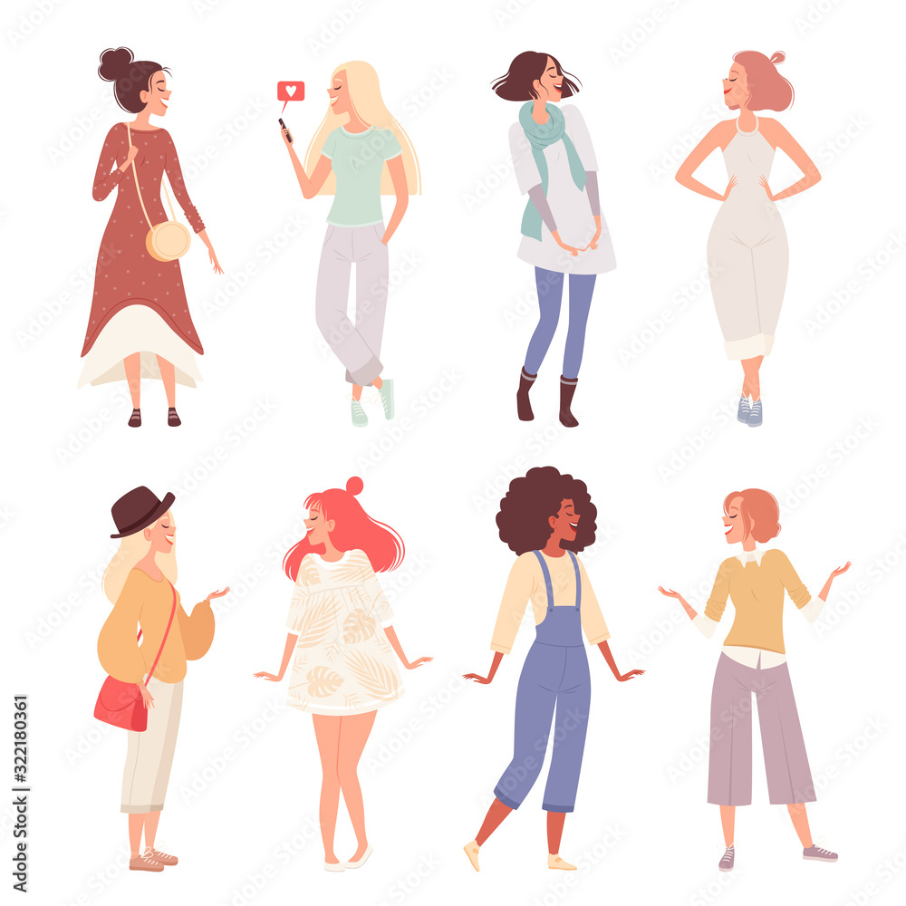 Set of happy women in various clothes in various poses. Casual Dressed Girls