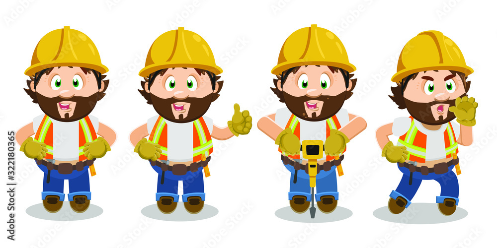 Smiling bearded builder man spending time at construction area. Foreman standing with arms akimbo, showing thumb up, perforating with drill, crying and giving instructions. Cartoon vector set on white Smiling bearded builder man spending time at construction area. Foreman standing with arms akimbo, showing thumb up, perforating with drill, crying and giving instructions. Cartoon vector set on white