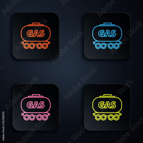 Color neon line Gas railway cistern icon isolated on black background. Train gasoline tank on railway car. Rail freight. Set icons in square buttons. Vector Illustration