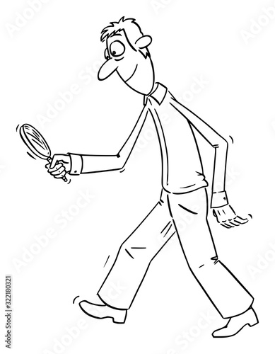 Vector funny comic cartoon drawing of upset man or detective walking with magnifier or magnifying glass and searching for something hidden or clue.