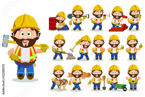 Big set with bearded builder, foreman in hardhat in different situations. Repairer, carpenter in industrial vest digging, carrying wood boards, working, showing hand gestures. Cartoon vector on white.