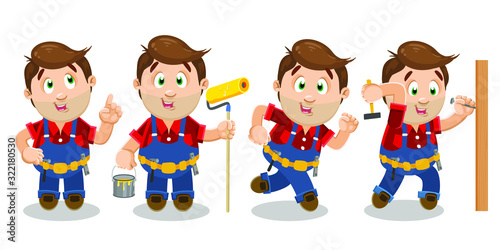 Different moments of brunet trowel man working day in uniform. Wallpaperer, builder pointing with finger, standing, holding paint roller and bucket. running, knocking nail with hummer. Cartoon set.