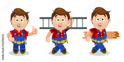 Brunet worker, repairer with stubble is in different poses. Builder in uniform with tools kit standing and showing thumb up, carrying ladder, going with wood boards. Cartoon vector set on white.