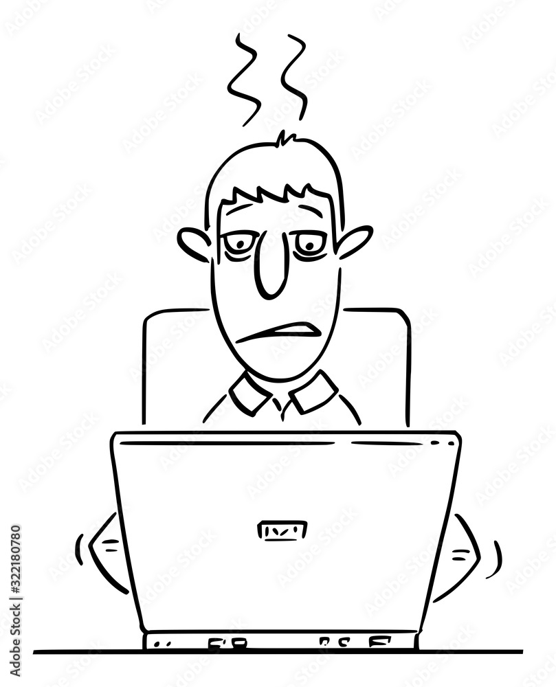 Vector funny comic cartoon drawing of tired or overworked office worker or man or businessman working or typing on computer.