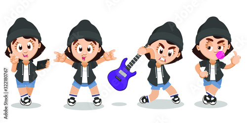 Set with different emotions and poses of hoydenish energetic girl. Tomboyish showing peace, victory, hard rock gestures and middle finger, chewing gum, breaking electric guitar. Cartoon vector set. photo