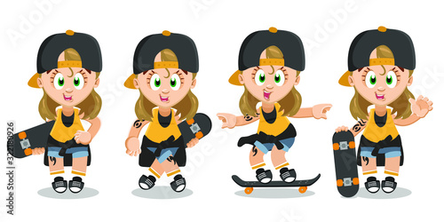 Skater girl, teenager, student in different poses. Blond tomboyish girl in cap standing, going with skateboard, waving hand, practicing skateboarding. Vector cartoon isolated on white. photo