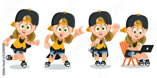 Highlights of hoydenish blond student, sportive teenager life. Tomboyish girl running, showing hard rock gesture, standing with backpack and waving hand, sitting with laptop. Vector cartoon on white.