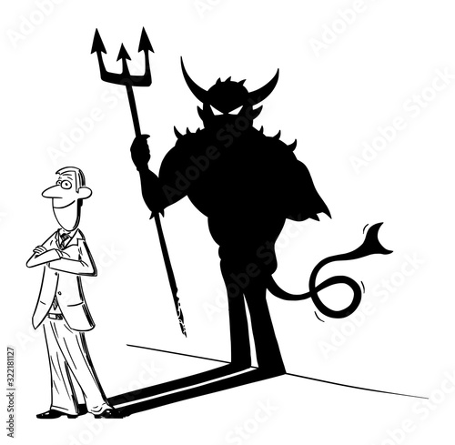 Vector funny comic cartoon drawing of man or businessman and his superhero or heroic shadow on wall. Business concept of success and inconsiderateness.