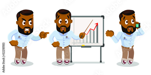 Set with afro-american bearded businessman in different situations: conflict, presentation near flipchart related with good work results, communicating by smartphone. Vector cartoon isolated on white.