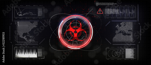 Biohazard sign, on an abstract background. Labels attention danger, virus epidemic. a map of the spread and infection in the world.