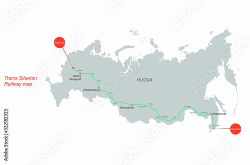 russia map. vector of siberian train railway map. russian railway graphic map.