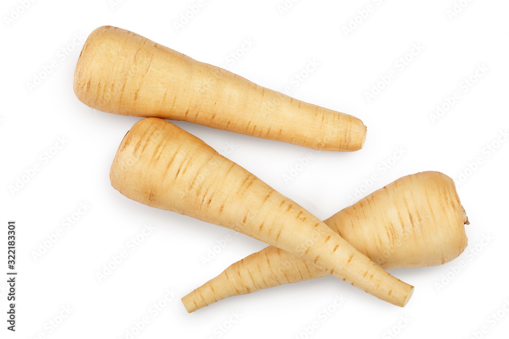 Parsnip root isolated on white background with clipping path. Top view. Flat lay. Parsnip root isolated on white background with clipping path. Top view. Flat lay.