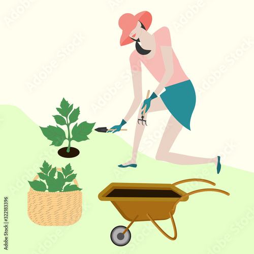 Woman plants plants, wicker basket with seedlings, trolley - vector. Spring. Garden work.
