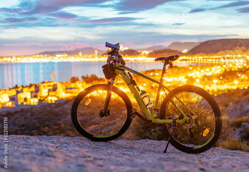 Bicycle on the background of the night city and the sea