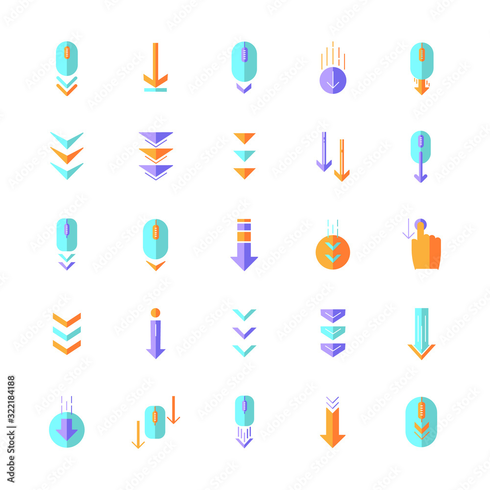 Scroll down flat design cartoon RGB color icons set. Internet page browsing and download indicators. Downward arrows. Website pointer. PC mouse with arrowheads. Vector silhouette illustrations Scroll down flat design cartoon RGB color icons set. Internet page browsing and download indicators. Downward arrows. Website pointer. PC mouse with arrowheads. Vector silhouette illustrations