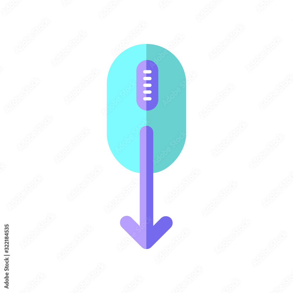 Mouse and down arrow flat design cartoon RGB color icon. Web page scrolling down indicator. Cursor direction. PC mouse with moving arrowhead. App interface button. Vector silhouette illustration
